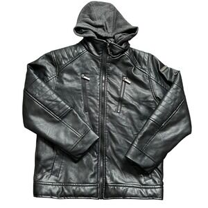 English Laundry Black Faux Leather Moto Jacket Gray Hooded - Women's Medium